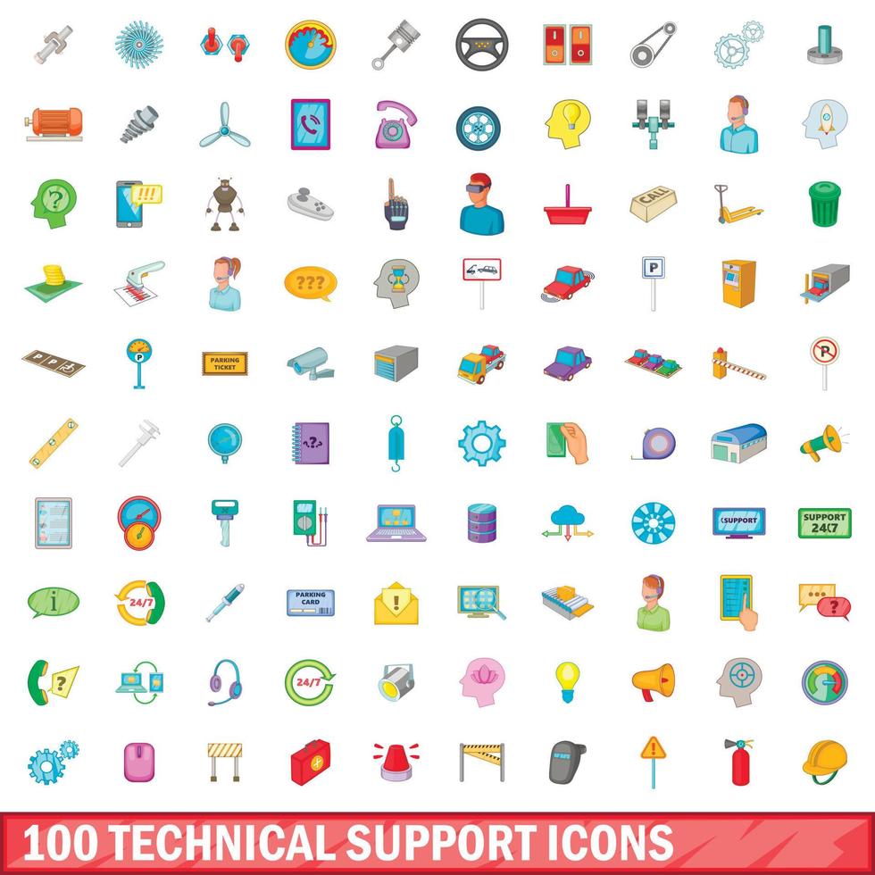 100 Symbole für den technischen Support im Cartoon-Stil vektor