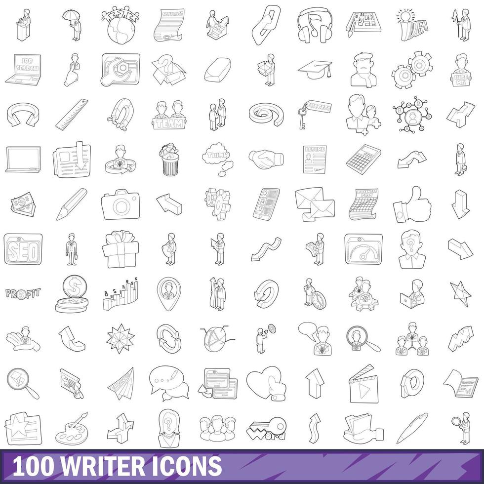 100 Writer-Icons gesetzt, Umrissstil vektor