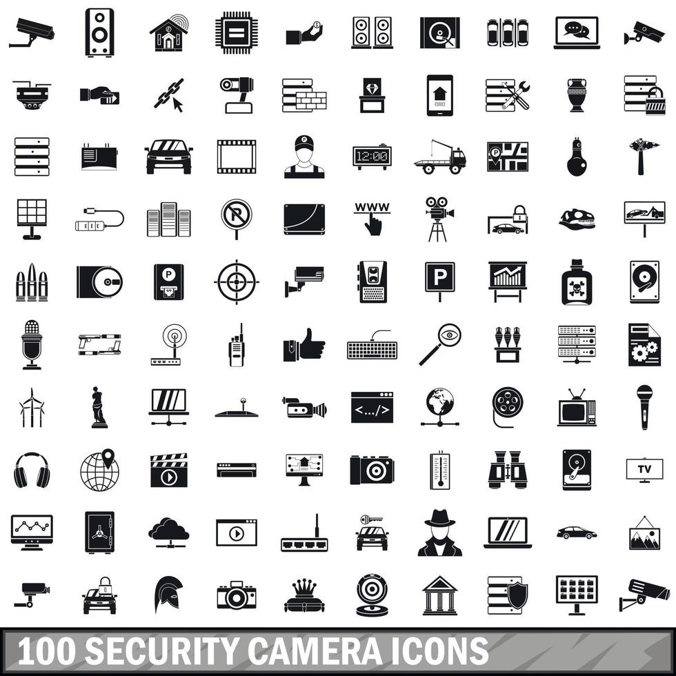100 Überwachungskamera-Icons gesetzt, einfacher Stil vektor