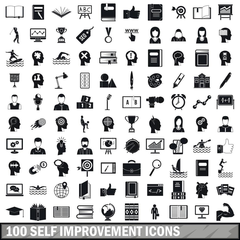 100 Symbole zur Selbstverbesserung gesetzt, einfacher Stil vektor