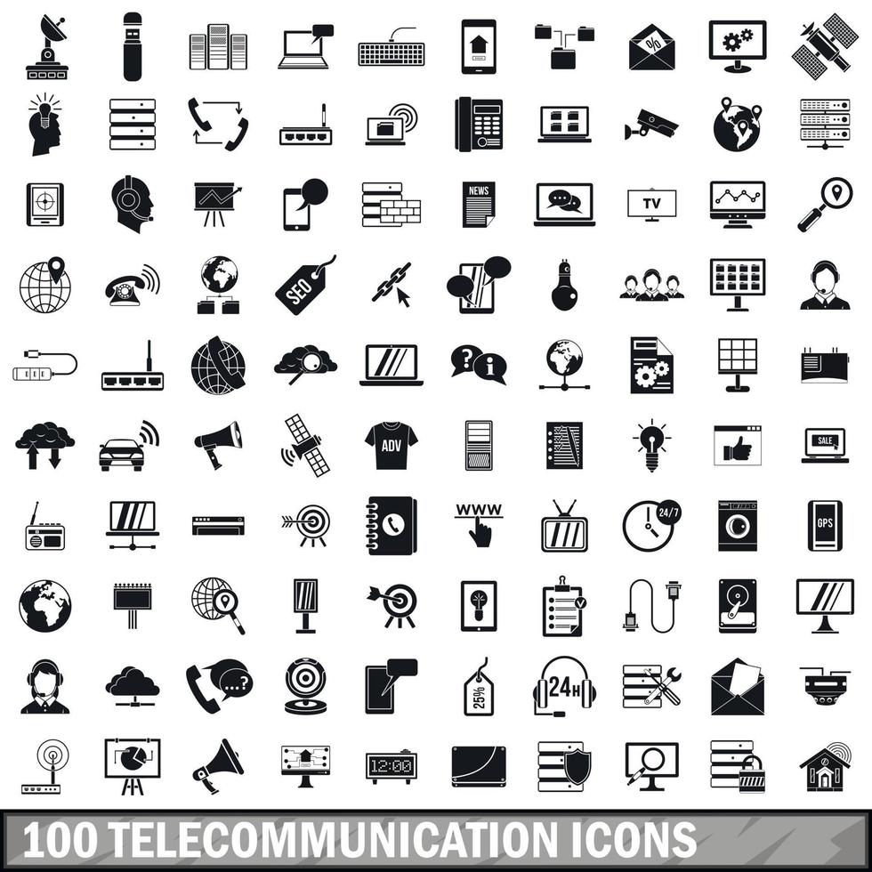 100 telekommunikation ikoner set, enkel stil vektor