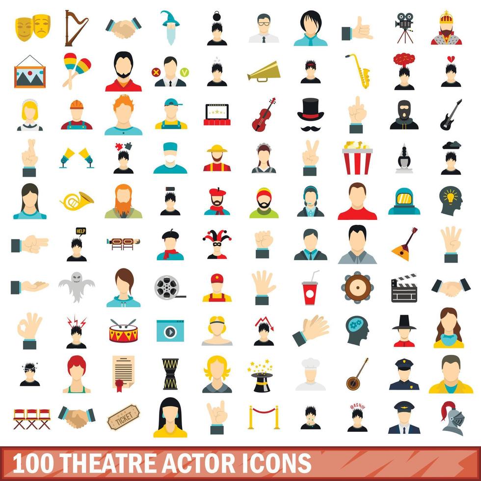 100 Symbole für Theaterschauspieler, flacher Stil vektor