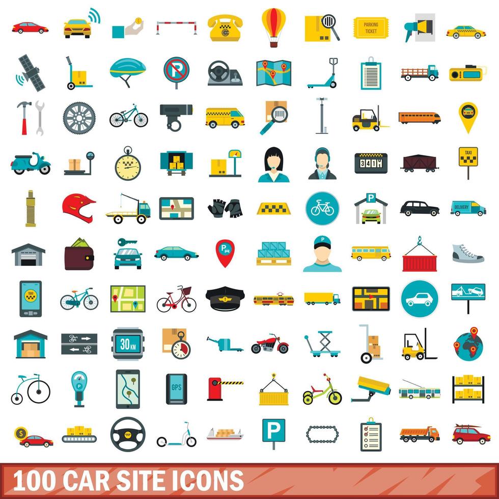 100 Auto-Site-Icons gesetzt, flacher Stil vektor