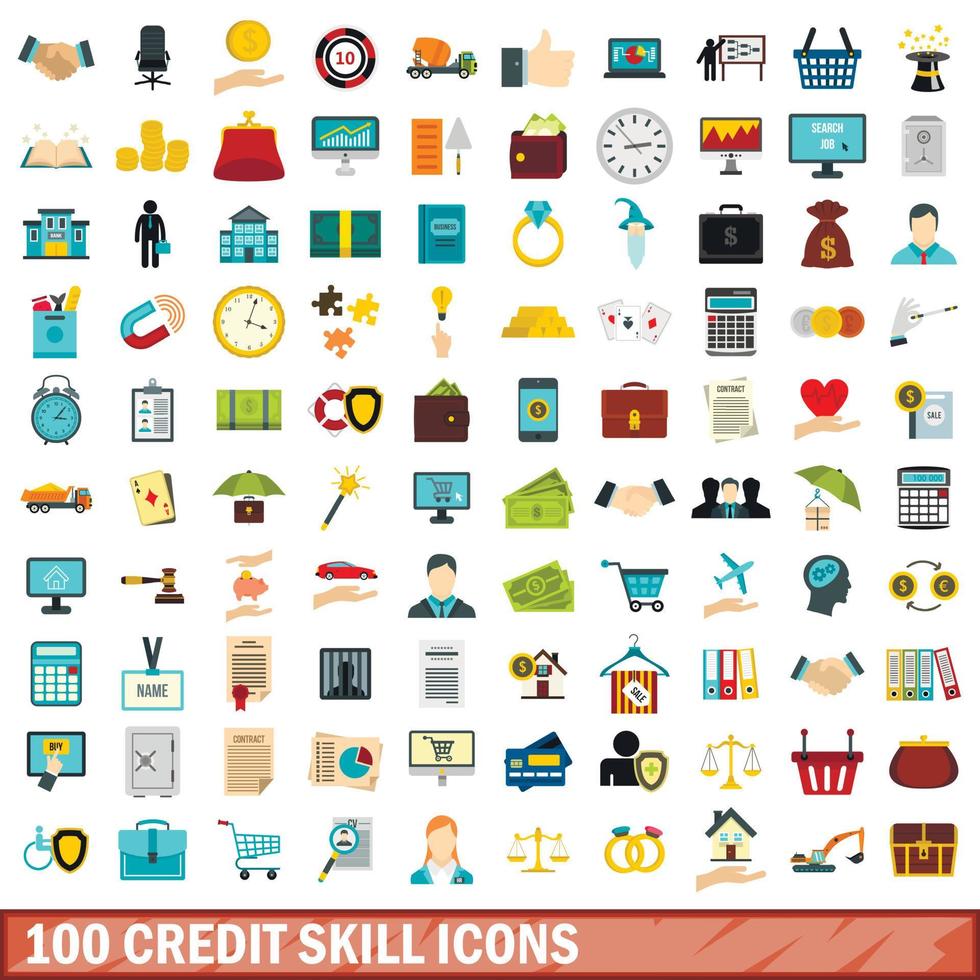 100 Credit-Skill-Icons gesetzt, flacher Stil vektor