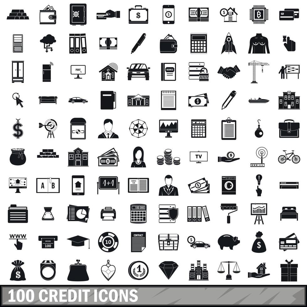 100 kredit ikoner set, enkel stil vektor