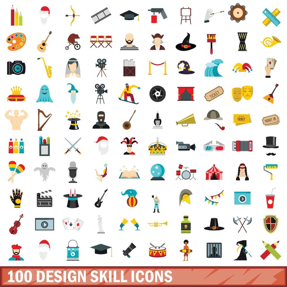 100 Symbole für Designfähigkeiten, flacher Stil vektor