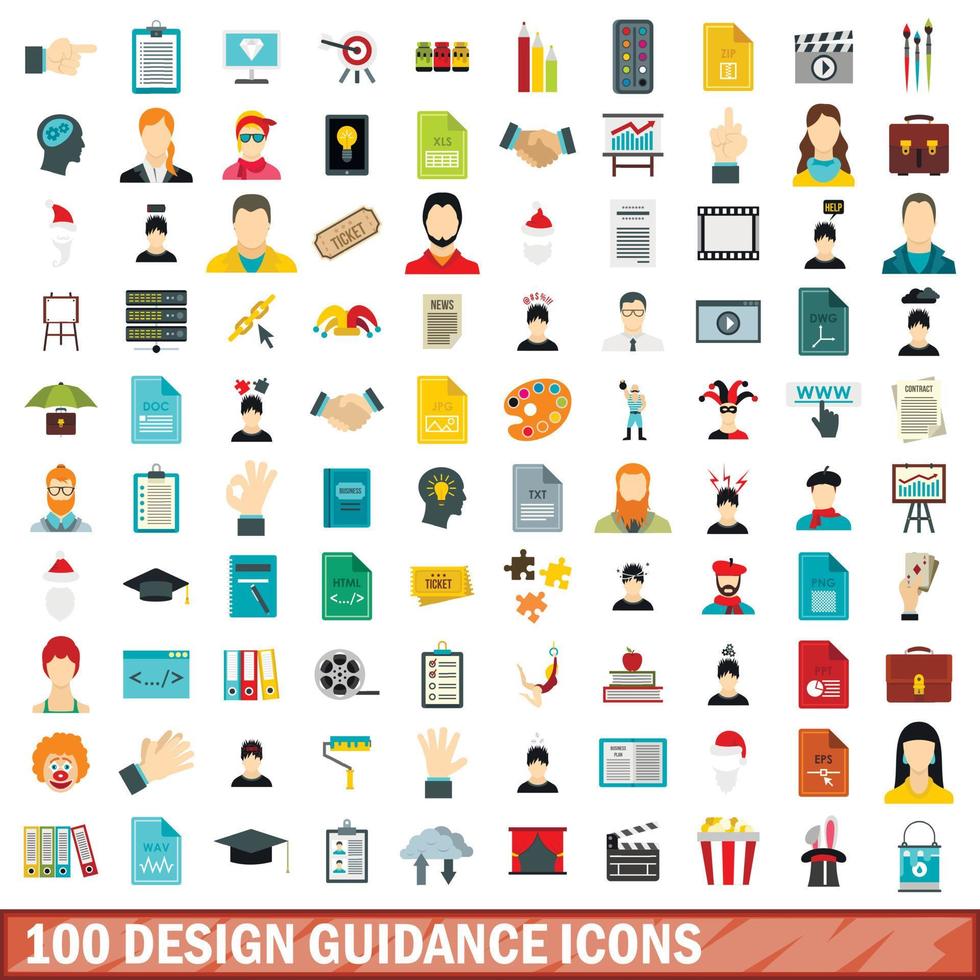 100 Design-Leitlinien-Icons gesetzt, flacher Stil vektor