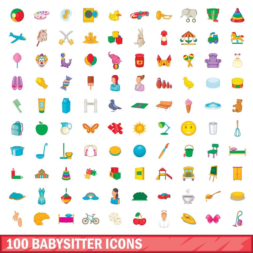 100 barnvakt ikoner set, tecknad stil vektor