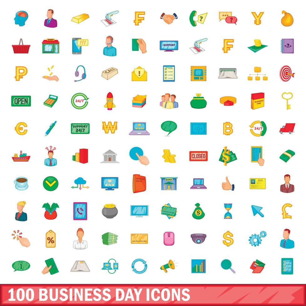 100 arbetsdag ikoner set, tecknad stil vektor