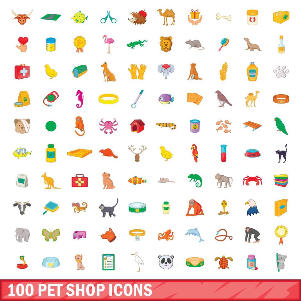 100 djuraffär ikoner set, tecknad stil vektor