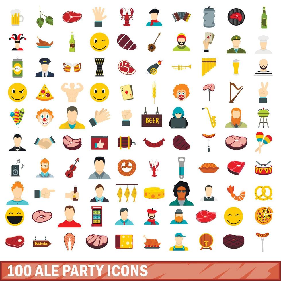 100 ale party ikoner set, platt stil vektor