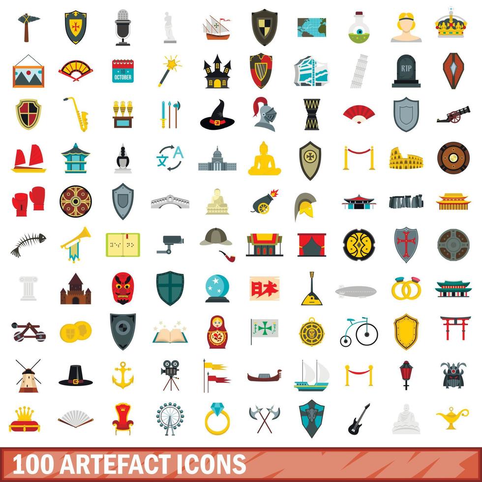 100 artefakt ikoner set, platt stil vektor