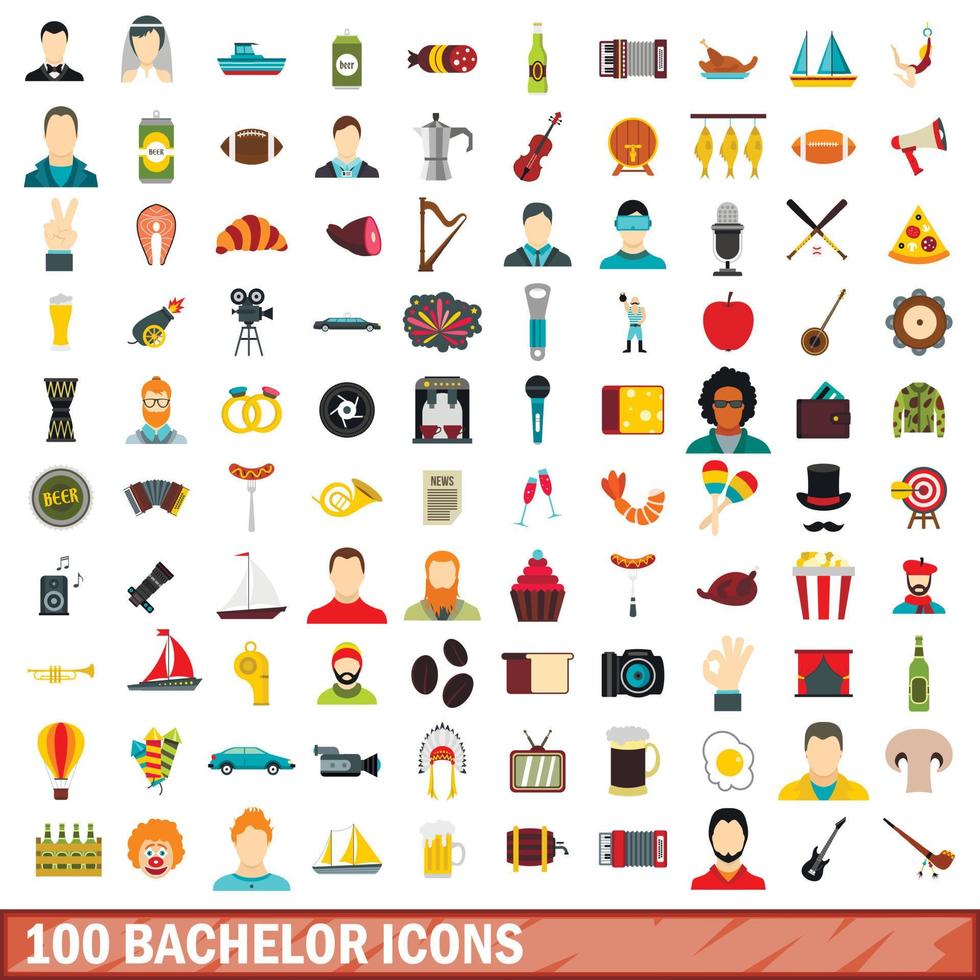 100 Junggesellen-Icons gesetzt, flacher Stil vektor