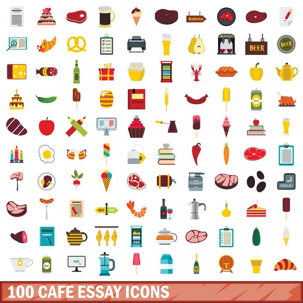 100 Café-Essay-Icons gesetzt, flacher Stil vektor