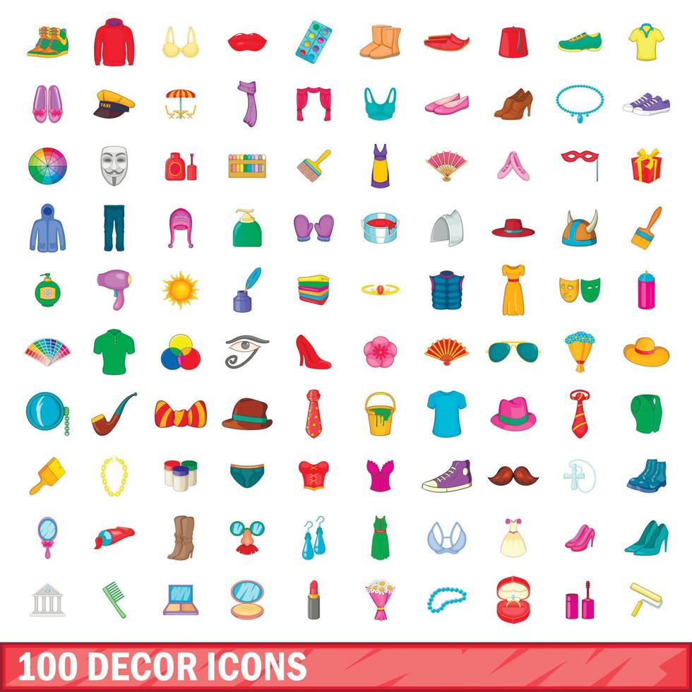 100 dekor ikoner set, tecknad stil vektor