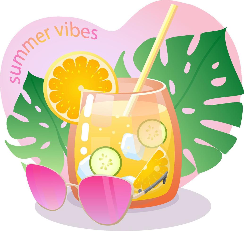 färgglada sommarvibbar strandlemonad, glasögon, monstera i trendig stil på färgglad bakgrund vektor