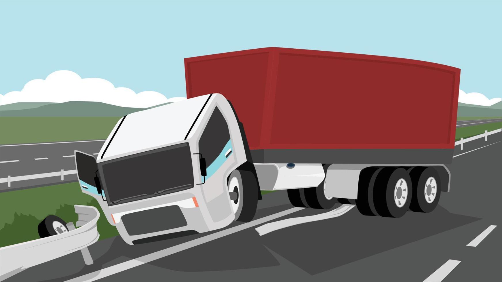Container-LKW-Unfall. Kopf eines am Straßenrand fahrenden Autos. Geparkter LKW auf dem Rasen mit beschädigter Barrikade. Asphaltstraßen durch ländliche Gebiete. ferne berge unter blauem himmel vektor