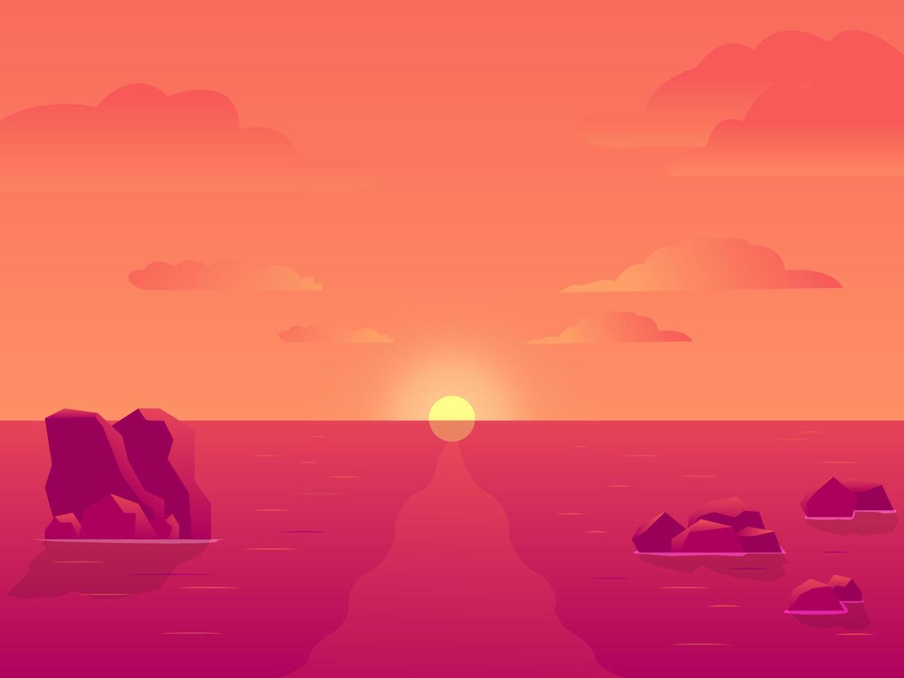 solnedgång eller soluppgång i havet, bakgrund av naturliga landskap, rosa moln. solen skiner över havet med stenar som sticker upp ur vattenytan. eftermiddags- eller morgonvy vektor