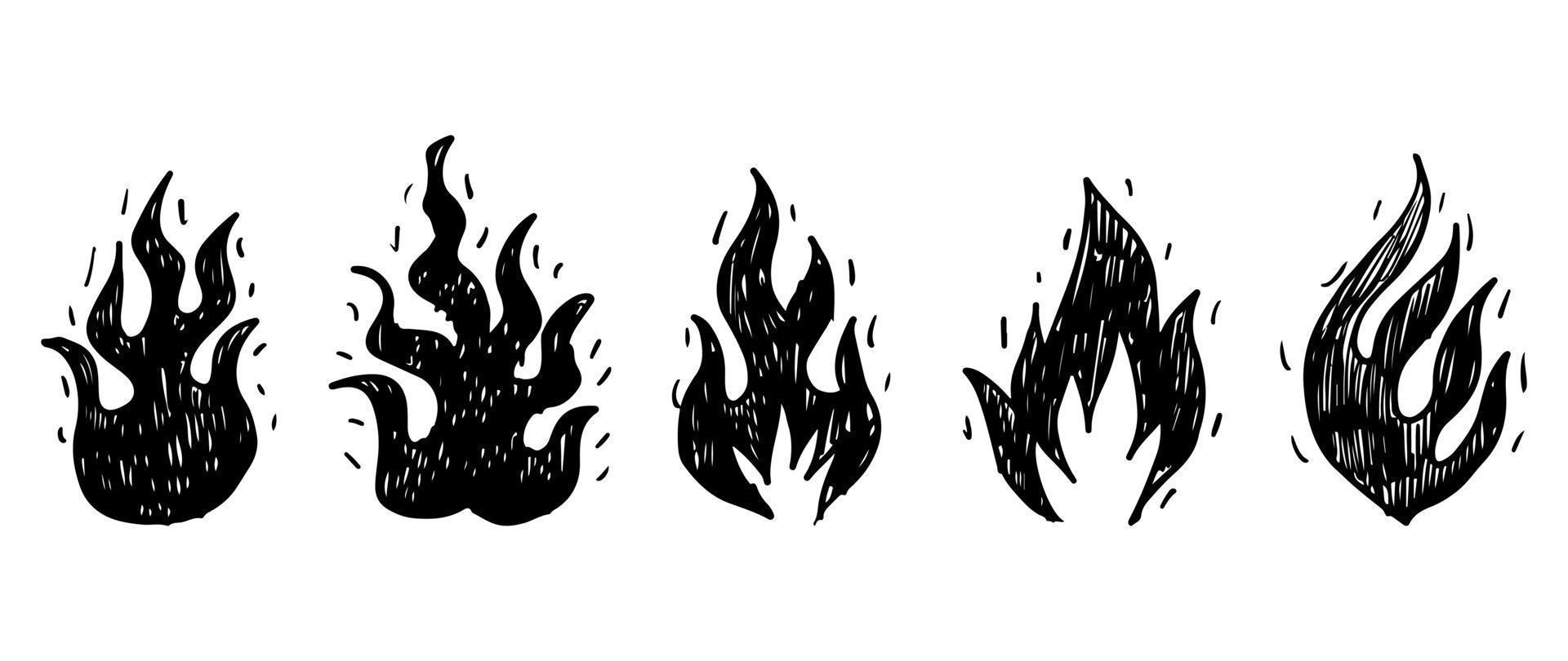 uppsättning handritad eld och eldklot isolerad på vit bakgrund .doodle vektorillustration. vektor