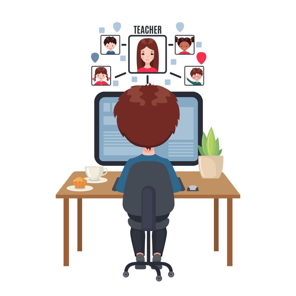Junge, der an einem Tisch sitzt und zu Hause am Computer lernt. Online-Bildungskonzept im Cartoon-Stil isoliert auf weißem Hintergrund. Bleib zuhause. Vektor-Illustration vektor