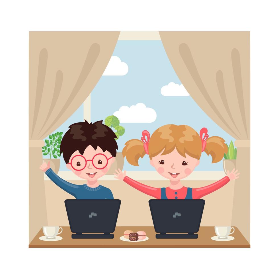 ung pojke och flicka sitter vid ett bord och studerar vid datorn i heminredning. online utbildning koncept i tecknad stil. stanna hemma. vektor illustration