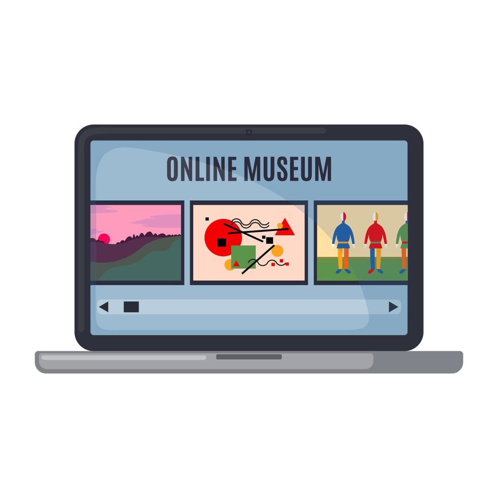 Laptop-Computer-Monitor-Symbol mit Kunstgalerie auf dem Bildschirm im flachen Stil isoliert auf weißem Hintergrund. Online-Museumskonzept. Bleib zuhause. Online-Exkursion. Vektor-Illustration. vektor