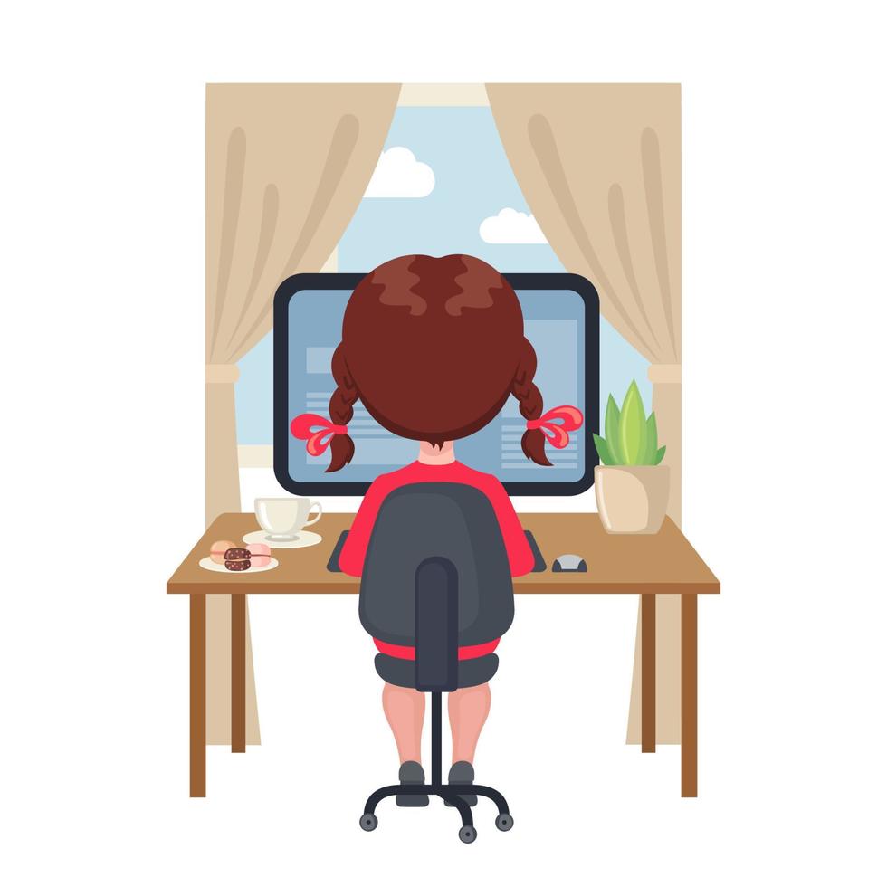 ung flicka sitter vid ett bord och studerar vid datorn hemma. online utbildning koncept i tecknad stil isolerad på vit bakgrund. stanna hemma. vektor illustration