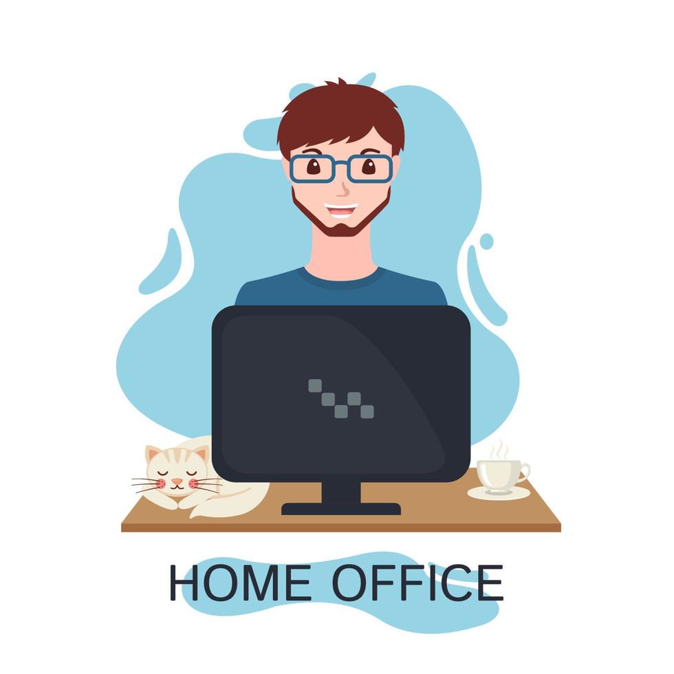 junger erwachsener mann, der zu hause mit computer im flachen stil arbeitet. freiberuflicher männlicher charakter mit katze und einer tasse tee oder kaffee.home office concept.vector illustration. vektor