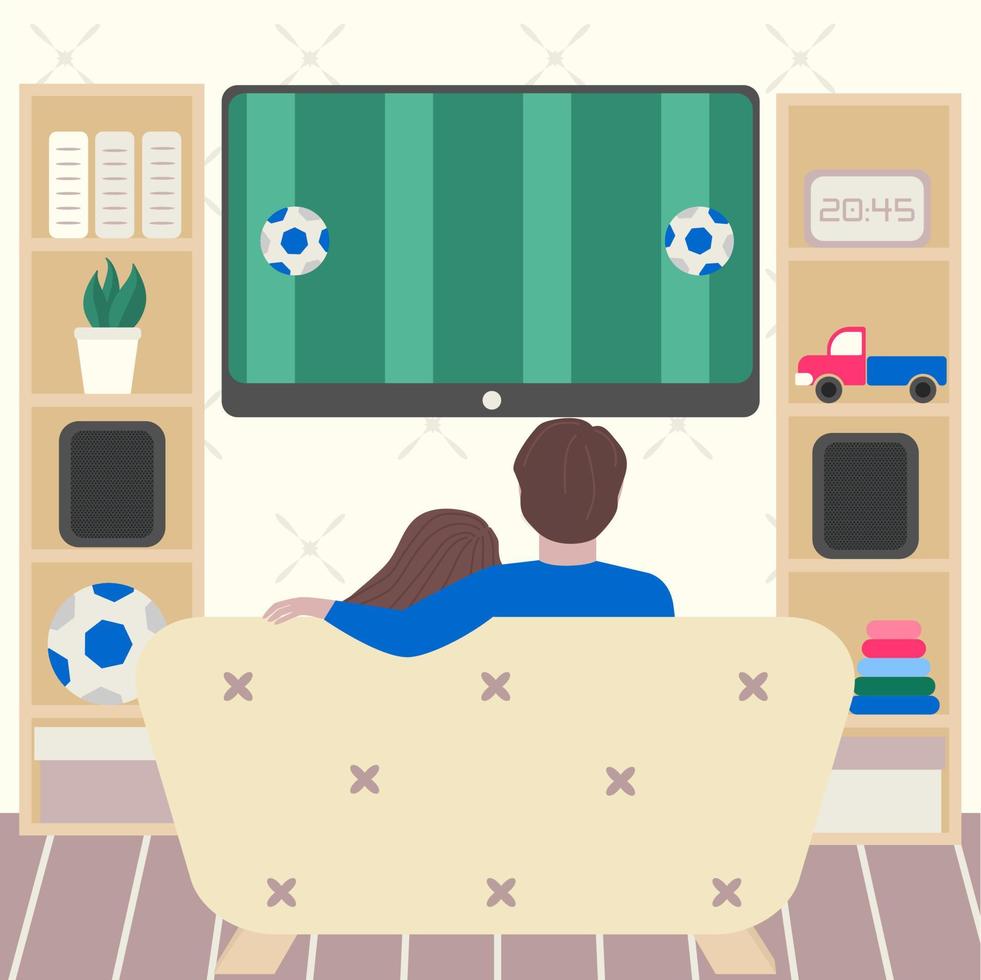 paar, das fußballmeisterschaft im wohnzimmer im fernsehen sieht. Familie zu Hause. Vektor-Illustration. vektor