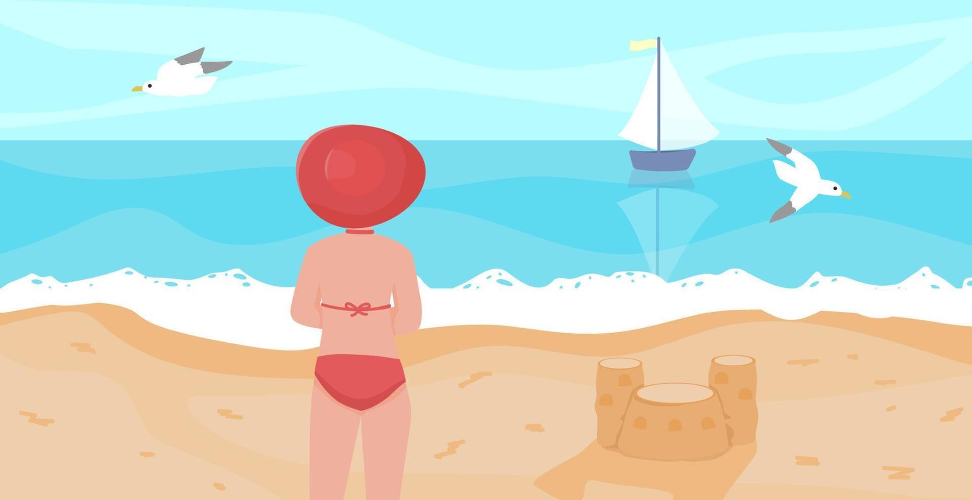 Vektor-Sommerzeit-Meerblick. junge Frau im Badeanzug mit Blick auf das schöne Meer. nette vektorillustration der frau am strand. vektor