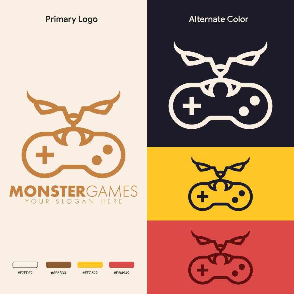einfaches, minimalistisches Monster, das Joystick-Gamepad-Gaming-Logo-Design isst vektor