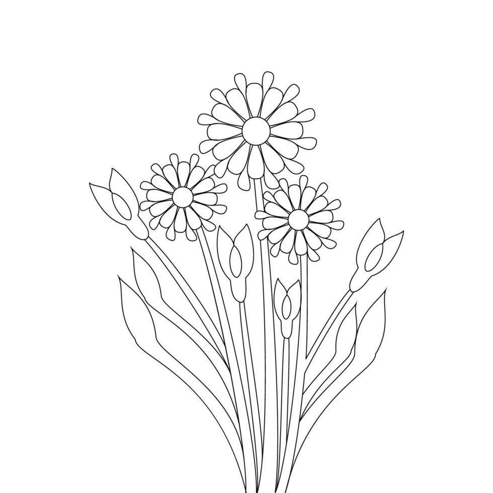 kontur linjeritning blomma av monokrom botanik bukett vektor designelement
