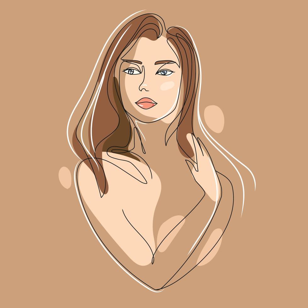 minimal art frau im linearen stil auf beige hintergrundvektorillustration. abstraktes frauengesicht mit pastellfarben. frauenporträt für schönheitssalon, logo und emblem. zeitgenössische porträtstrichkunst vektor