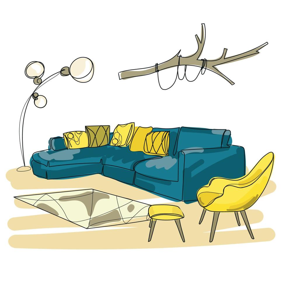 vektor färg skiss av vardagsrum. hand dras möbler. illustration av möbler interiör rum, skiss levande lägenhet. skissa modern inredning, soffa stol och inredning, relaxavdelning