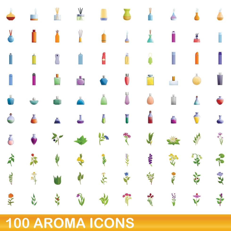 100 arom ikoner set, tecknad stil vektor