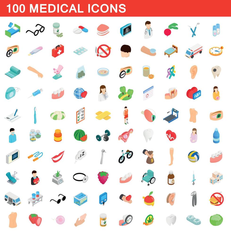 100 medicinska ikoner set, isometrisk 3d-stil vektor