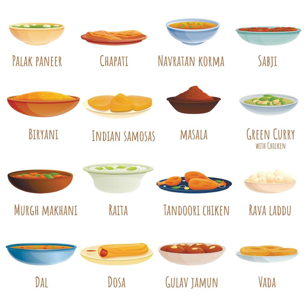 indische Küche Icons Set, Cartoon-Stil vektor