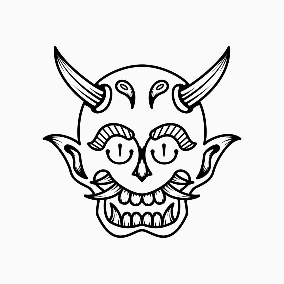 läskig demonisk huvudillustration med linjekonststil. svartvitt. lämplig för logotyp, maskot, symbol, färg och t-shirtdesign vektor