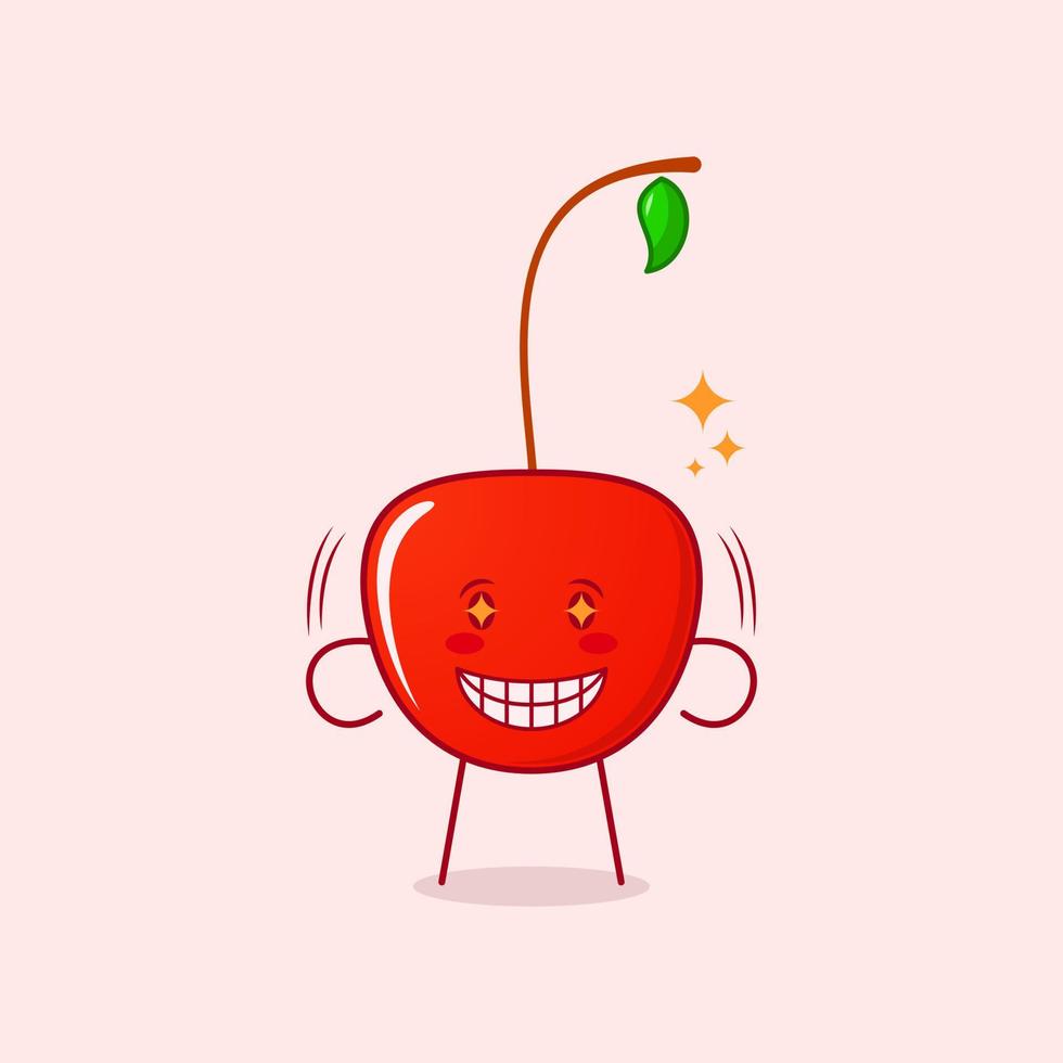 süße kirschkartoonfigur mit funkelnden augen, lächeln und fröhlichem ausdruck. geeignet für Logos, Icons, Symbole oder Maskottchen. rot und Grün vektor