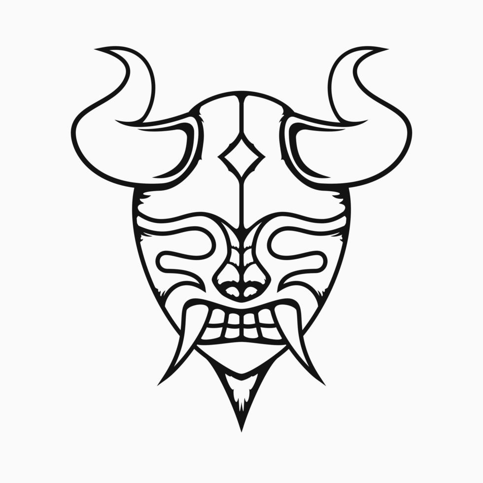 skrämmande demonmaskillustration med linjekonststil. svartvitt. horn och huggtänder. lämplig för logotyp, maskot, symbol, färg och t-shirtdesign vektor