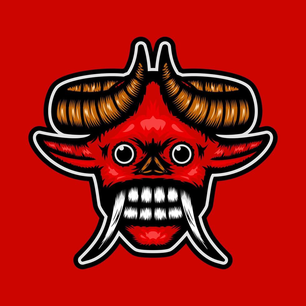 Illustration eines roten Dämonenkopfes mit zwei Hörnern und Reißzähnen. geeignet für Maskottchen, Logo, Symbol und T-Shirt-Design vektor