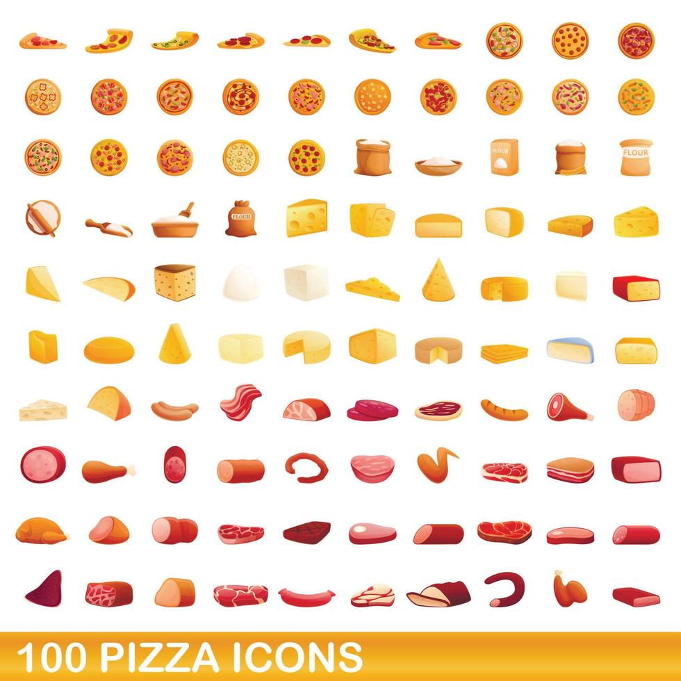 100 Pizza-Icons gesetzt, Cartoon-Stil vektor