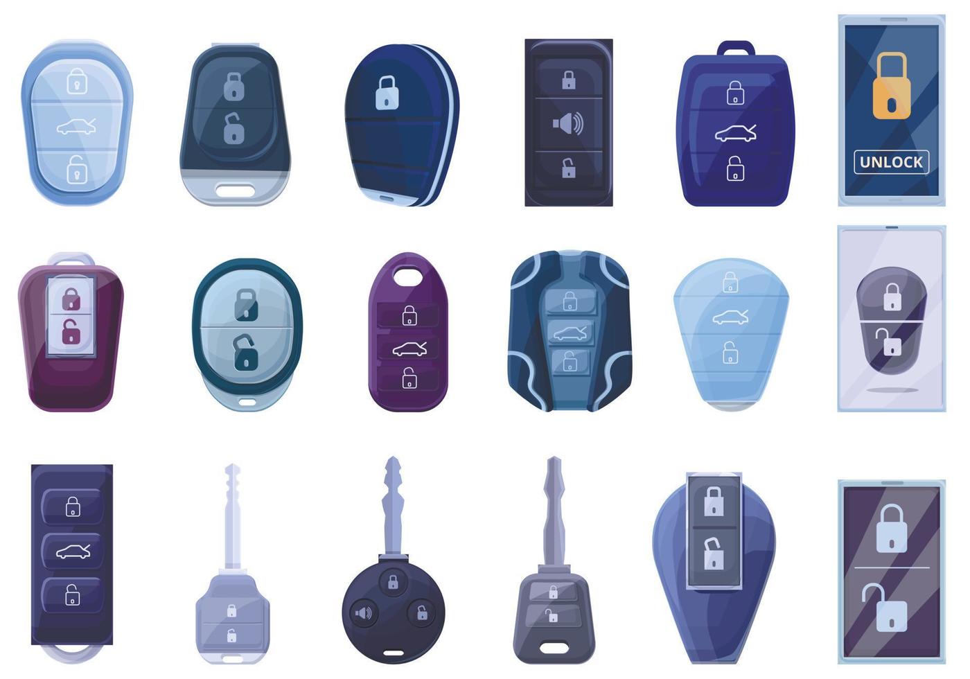 Smart Car Key Icons Set, Cartoon-Stil vektor