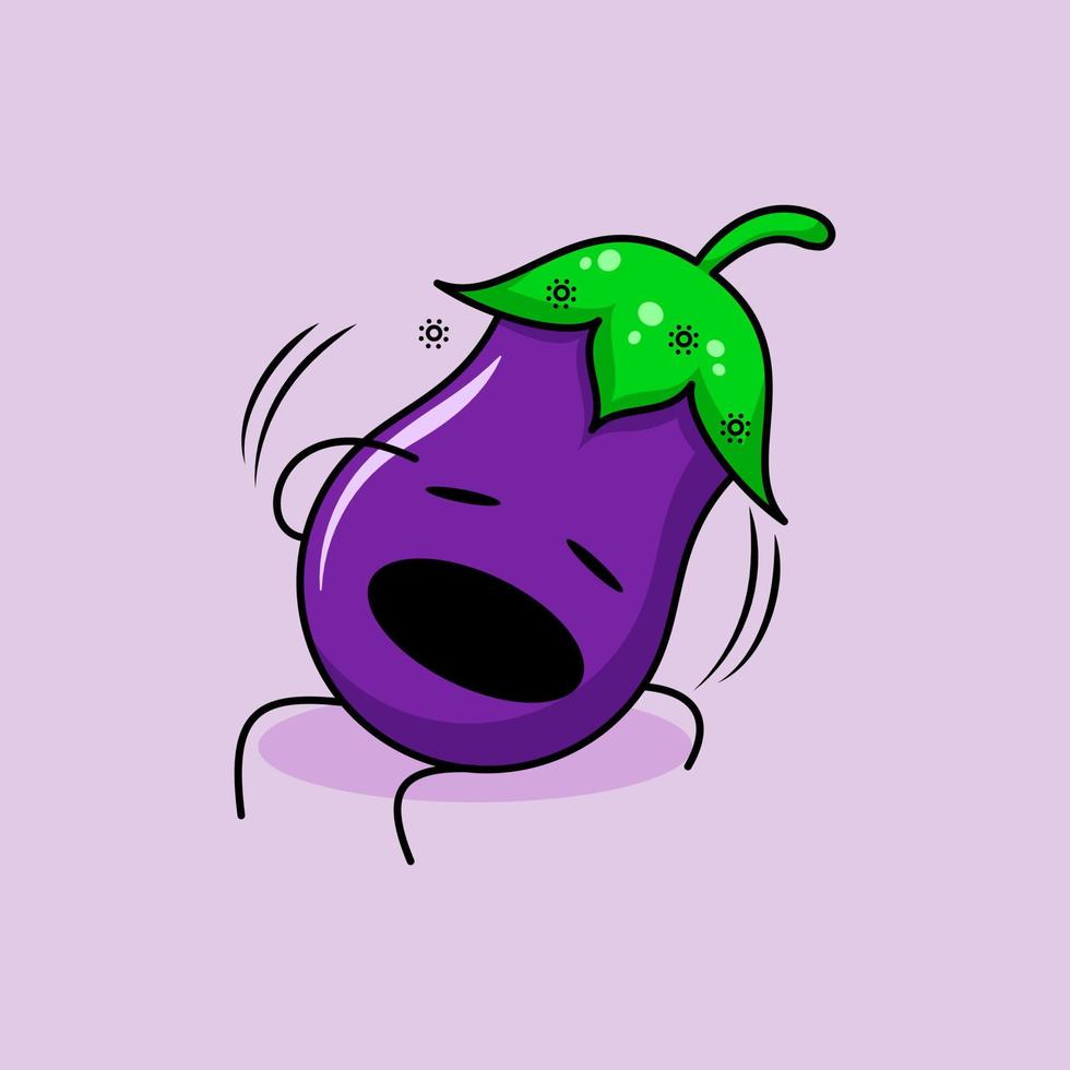 söt auberginekaraktär med yrande uttryck, munnen öppen, sitt ner och en hand på huvudet. grönt och lila. lämplig för uttryckssymbol, logotyp, maskot och ikon vektor