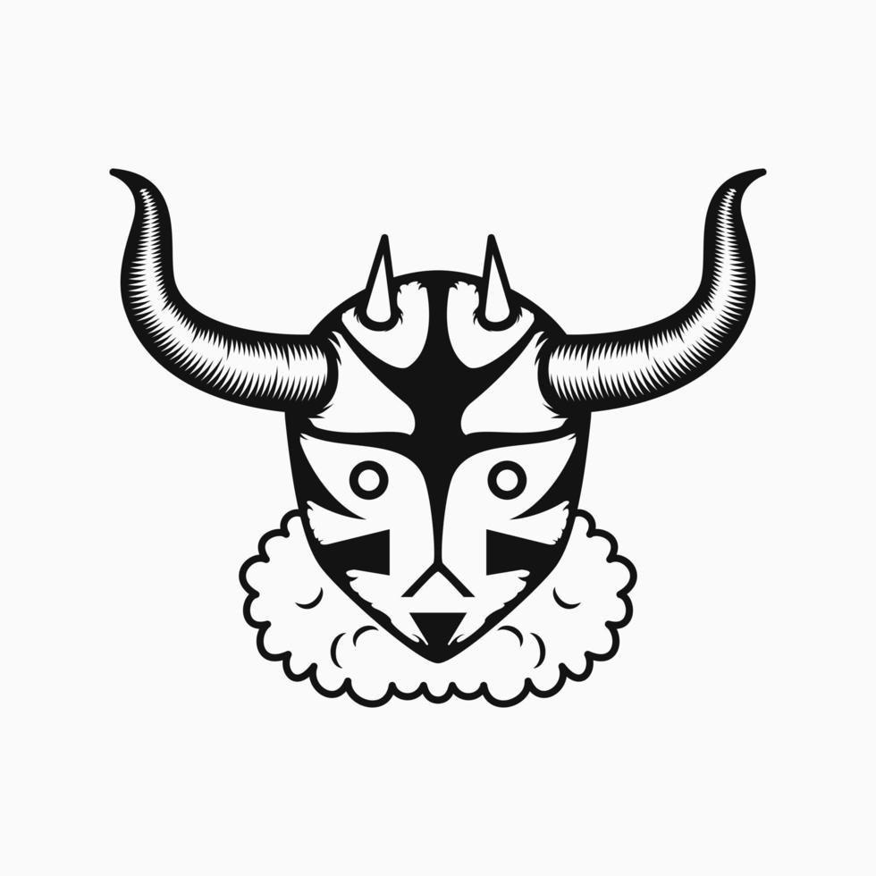 Dämonenkopf mit Hörnerillustration. Linienkunststil. Schwarz und weiß. geeignet für Logo, Maskottchen, Symbol, Färbung und T-Shirt-Design vektor