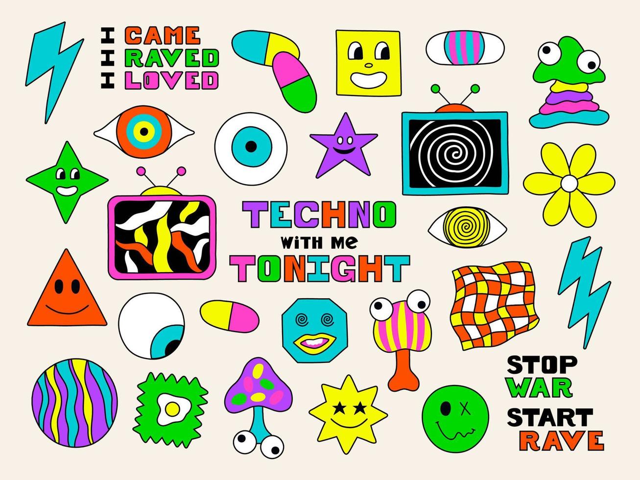 psychedelisches Trippy Acid Rave großes Set. trendige abstrakte charaktere und objekte im cartoon-stil. 60er, 70er, Hippie-Elemente vektor