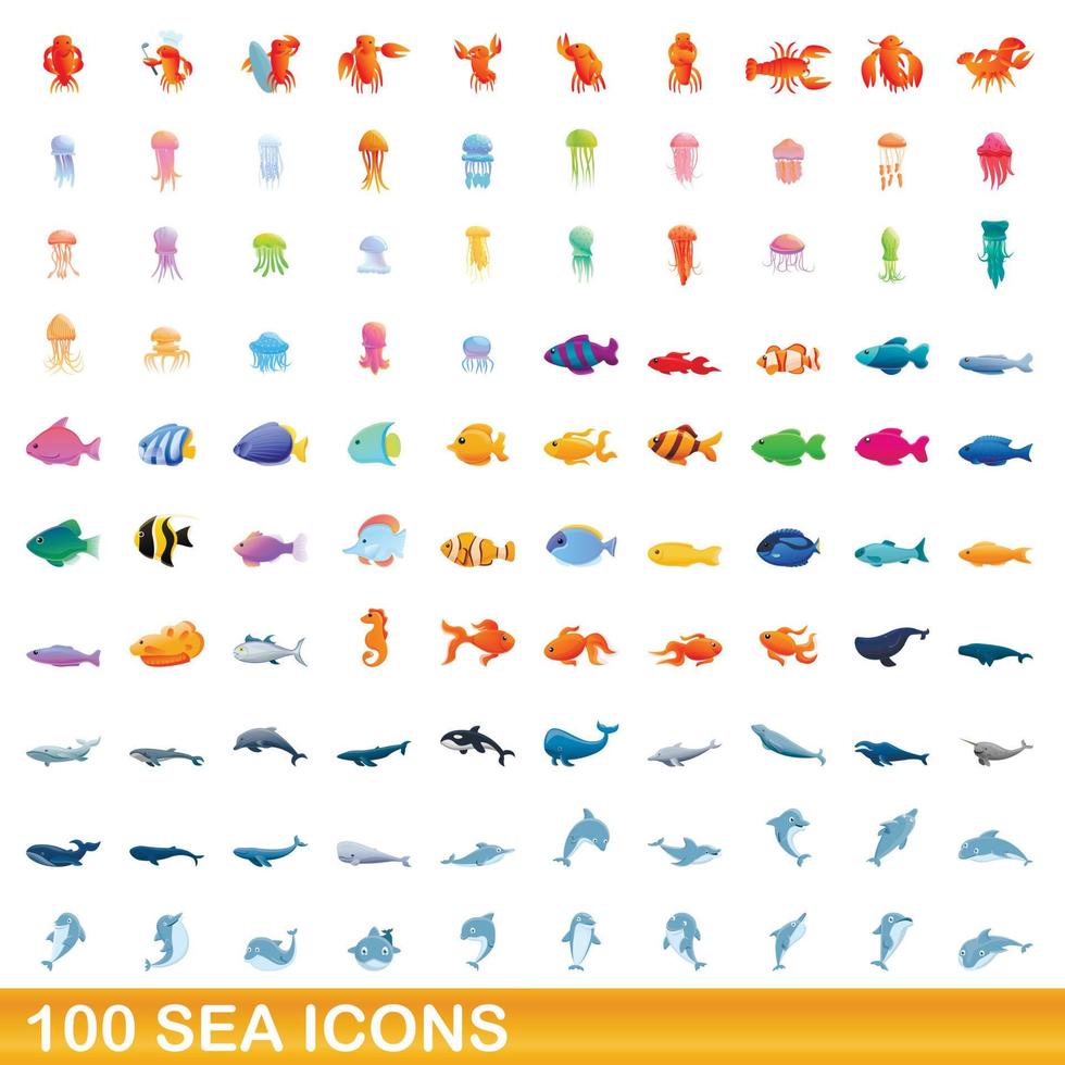 100 Meeressymbole im Cartoon-Stil vektor