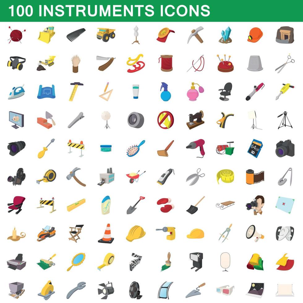 100 instrument ikoner set, tecknad stil vektor