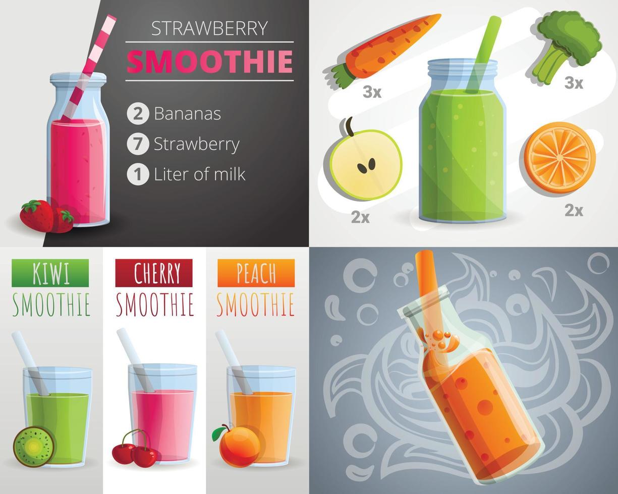 frukt smoothie banner set, tecknad stil vektor