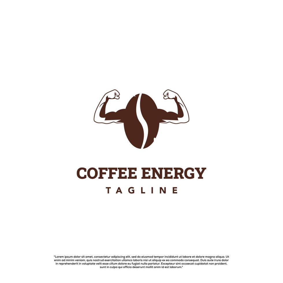 kaffe stark logotyp, kaffe energi logotyp, kaffeböna med stor muskel logotyp design modernt koncept vektor